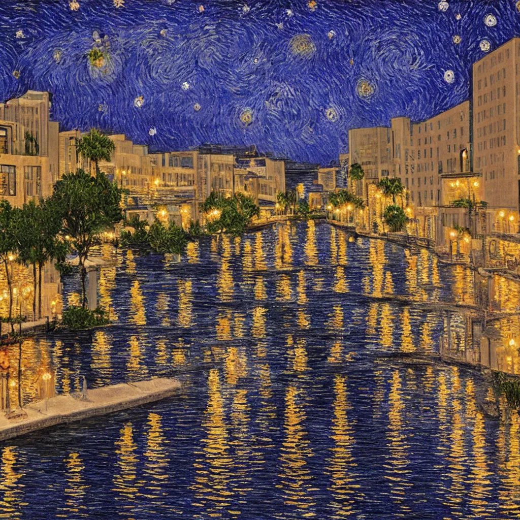 Prompt: the san antonio riverwalk style of starry night alamo