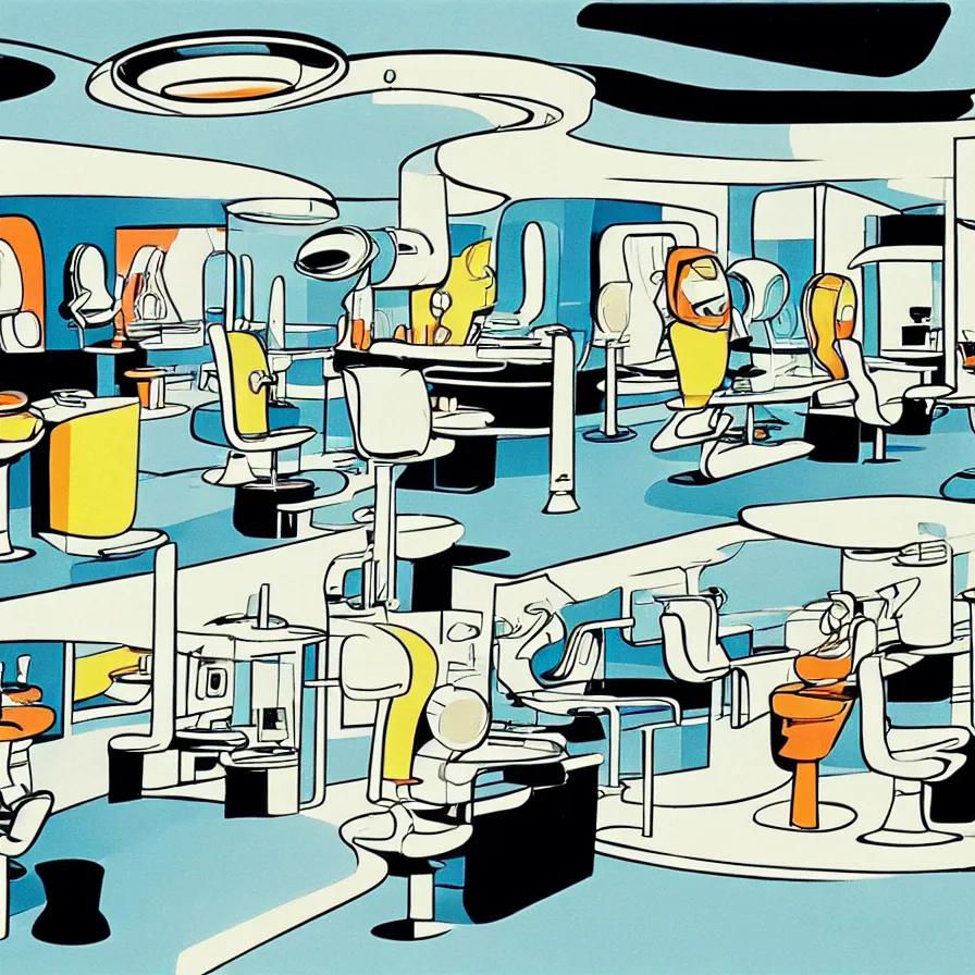 Prompt: concept art of jetsons cartoon scenario of a futuristic hair salon, painted by dieter rams