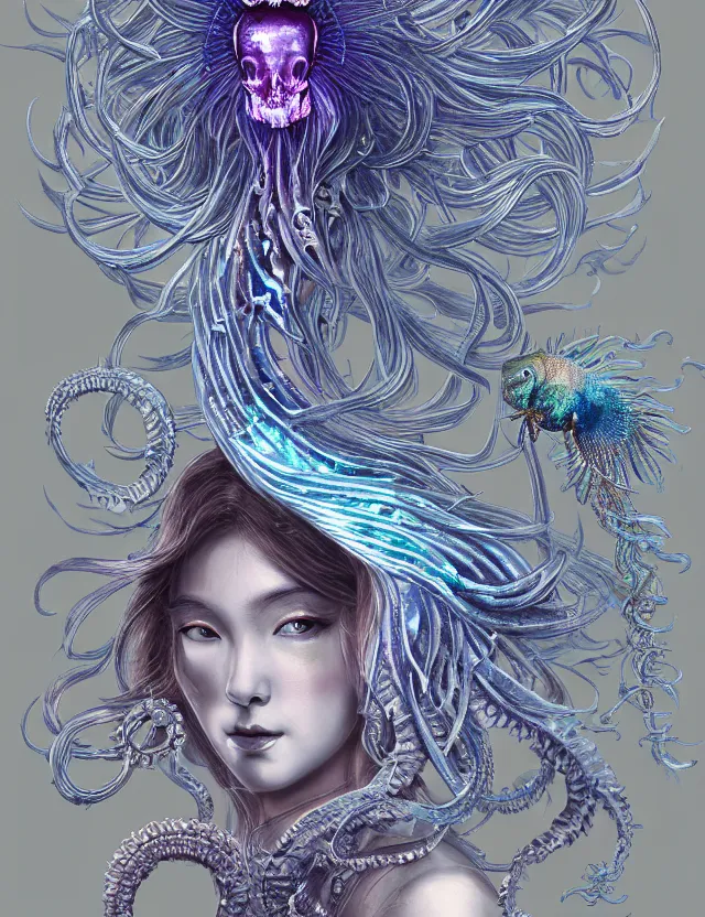 Prompt: goddess macro shouler portrait from bottom to top in crown made of ram skull. betta fish, jellyfish phoenix, bioluminiscent, plasma, ice, water, wind, creature, super intricate ornaments artwork by tooth wu and wlop and shofff and greg rutkowski