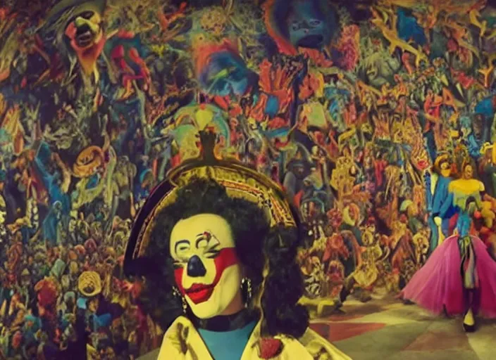 Image similar to still from a surreal art house film by alejandro jodorowsky, kenneth anger and remedios varo : : big international production by a major studio : : archetypal, cosmic themes, clowns, beauty queens, camp, sleaze : : cinemascope, technicolor, 8 k