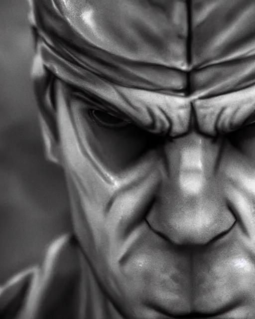 Prompt: solid snake bust portrait, cinematic lighting, anguished depressed facial expression, close - up, black atmospheric background, 4 k photography hdr