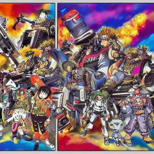 Image similar to a high detalied color splashpage artwork of a group of mechas controled by young manga characters, drawed by Eiichiro Oda, one piece