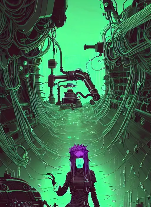 Image similar to highly detailed portrait of wasteland punk long dripping green poison hair tribal lady, stray wiring by atey ghailan, james gilleard, by joe fenton, by greg rutkowski, by greg tocchini, by kaethe butcher, 4 k resolution, gradient purple, brown and black and white color scheme!!! ( ( green flaming robotic sewer background ) )