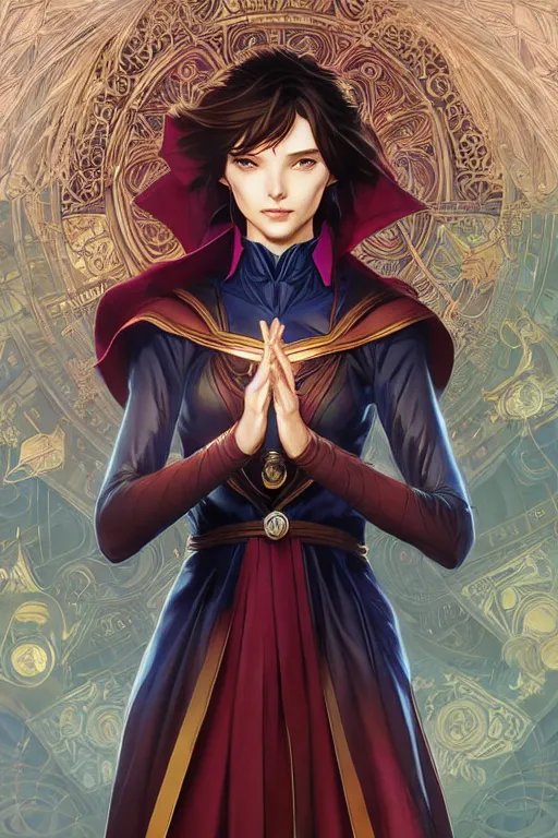 Image similar to anime key visual of a beautiful young female doctor strange, marvel comics, spells, magic, intricate, magical village, stunning, highly detailed, digital painting, artstation, smooth, hard focus, illustration, art by artgerm and greg rutkowski and alphonse mucha