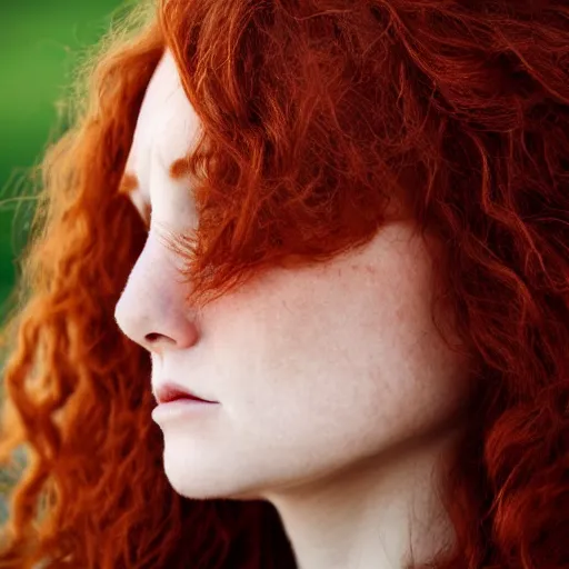 Image similar to Close up photo of the left side of the head of a redhead woman with gorgeous eyes and wavy long red hair, who looks directly at the camera. Slightly open mouth. left side of the head head visible and covers half of the frame, with a park visible in the background. 135mm nikon.