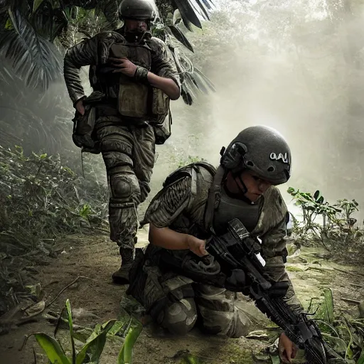 Image similar to Wounded Mercenary Special Forces soldier in light grey uniform with black armored vest and helmet crawling to cover in the jungles of Tanoa, combat photography by Feng Zhu, highly detailed, excellent composition, cinematic concept art, dramatic lighting, trending on ArtStation