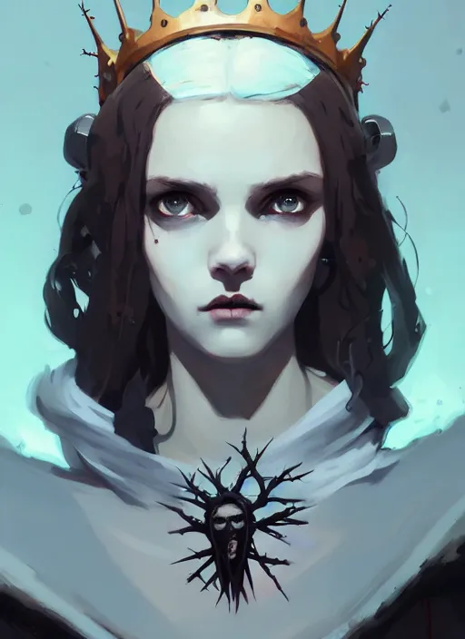 Image similar to portrait of cute goth maiden girl with crown of thorns and white short hairs, warhammer, cyberpunk, by atey ghailan, by greg rutkowski, by greg tocchini, by james gilleard, by joe gb fenton, by kaethe butcher, dynamic lighting, gradient light blue, brown, blonde cream and white color in scheme, grunge aesthetic