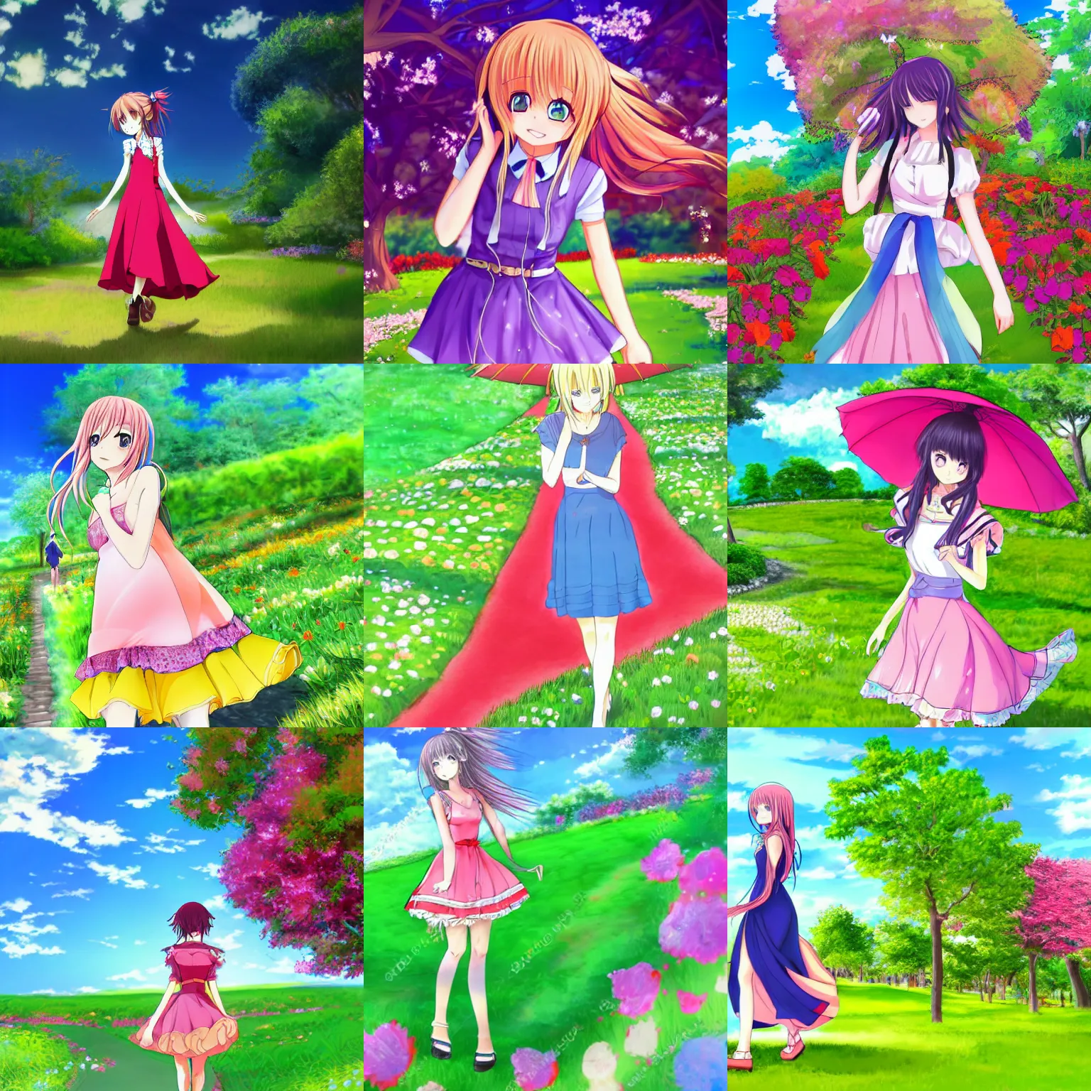 Prompt: cute art of a beautiful anime girl with colorful dress, walking on the green garden, detailed