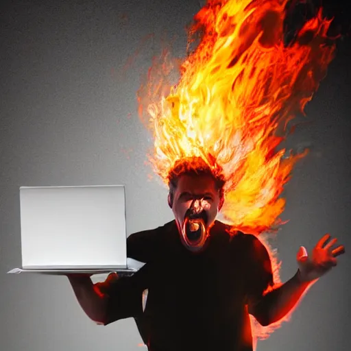 Image similar to a man holding a laptop screaming in rage as flames emerges from his hair, stock photo, realistic, hdr, clear image, hdd, dynamic lighting, rtx on,