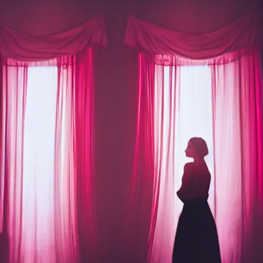 Image similar to over the shoulder photography of two female models behind white curtains in old victorian room, dramatic light, cinestill, flying black marble balls, filmstill, bokeh, long exposure, god rays, magic hour, pink light, warm colors