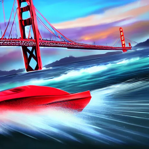 Image similar to concpet art featuring a futuristic red racing speedboat designed in the style of ferrari at golden gate park. bridge in background. fine detail. surf. this 4 k hd image is trending on artstation, featured on behance, well - rendered, extra crisp, features intricate detail, epic composition and the style of unreal engine.