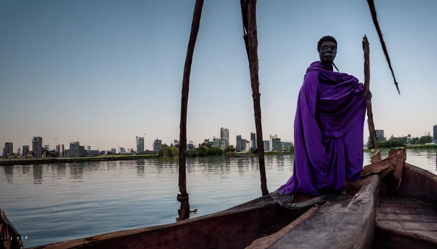 Prompt: movie still by djibril diop mambety of a man in dark violet drapery in a flesh barque on a river next to a spherical high - rise, leica sl 2 5 0 mm, heavy grain, high quality, high detail