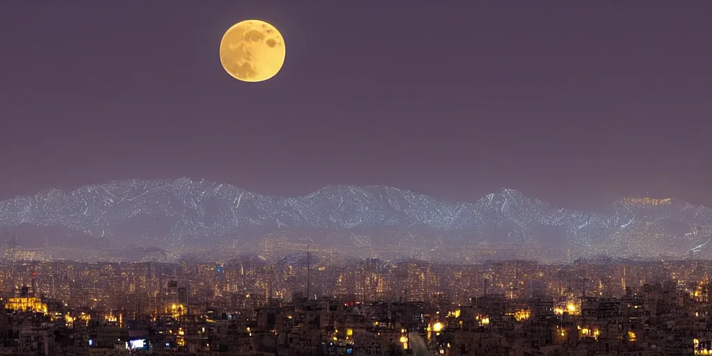 Prompt: tehran skyline in a winter night, full moon and a dragon in the sky