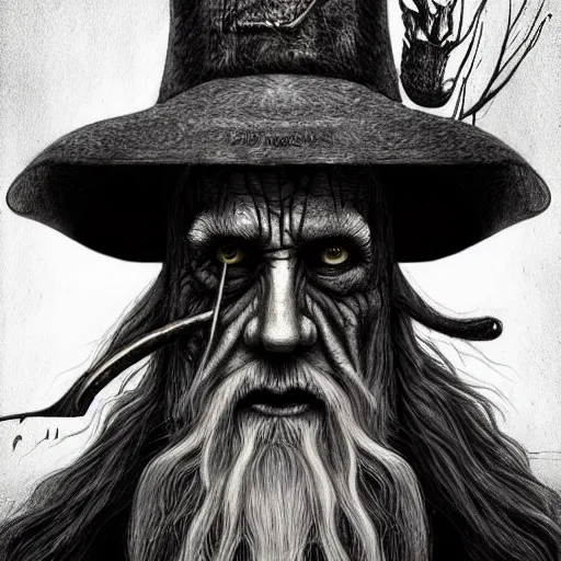 Image similar to surrealism grunge cartoon portrait sketch of Gandalf, by michael karcz, loony toons style, freddy krueger style, horror theme, detailed, elegant, intricate