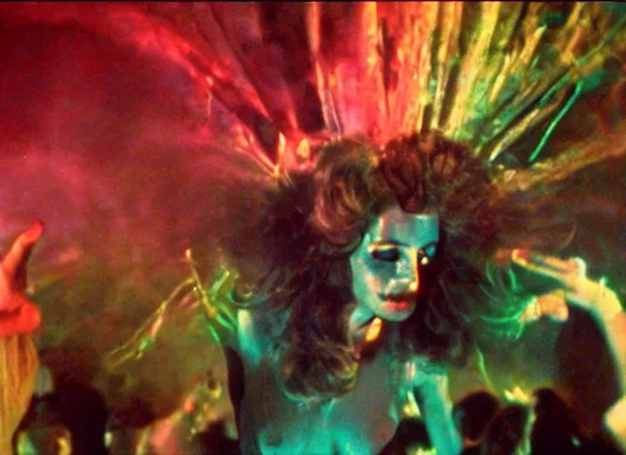 Prompt: wild underground carnival dance scene from a 7 0's movie by chris cunningham, kenneth anger and alejandro jodorowsky : : smoke effects, technicolor color scheme, close - up of the actors'faces