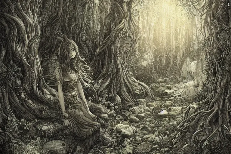 Image similar to fae living in the forest, beautiful, mesmerizing, concept art, intricate linework, detailed and intricate environment, artstation, inspired by monstress, sana takeda