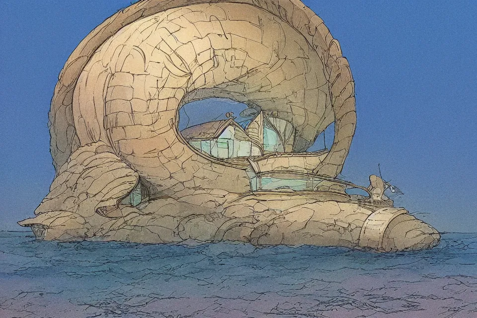 Image similar to giant seashell shaped house where a lone fisherman lives, in the style of john harris and moebius