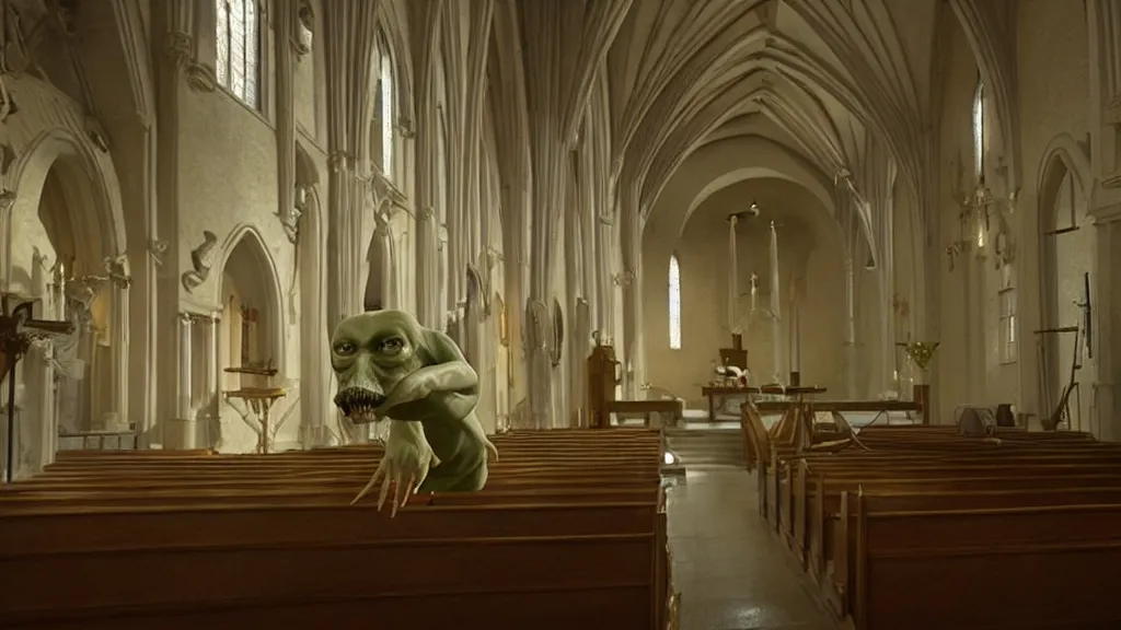 Prompt: the strange creature in church, made of wax and water, film still from the movie directed by Denis Villeneuve with art direction by Salvador Dalí, middle balanced, wide lens