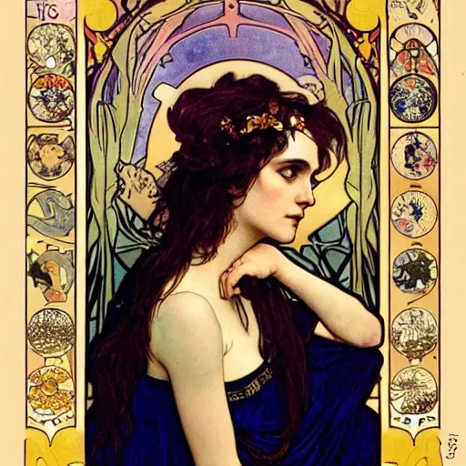 Image similar to winona ryder portrait by louis - theophile hingre and alphonse mucha, realistic, sharp focus, zodiac signs, tarot cards, planets, ethereal, art nouveau, magic, moon, sun, crown, dreamy, royal, jewellery