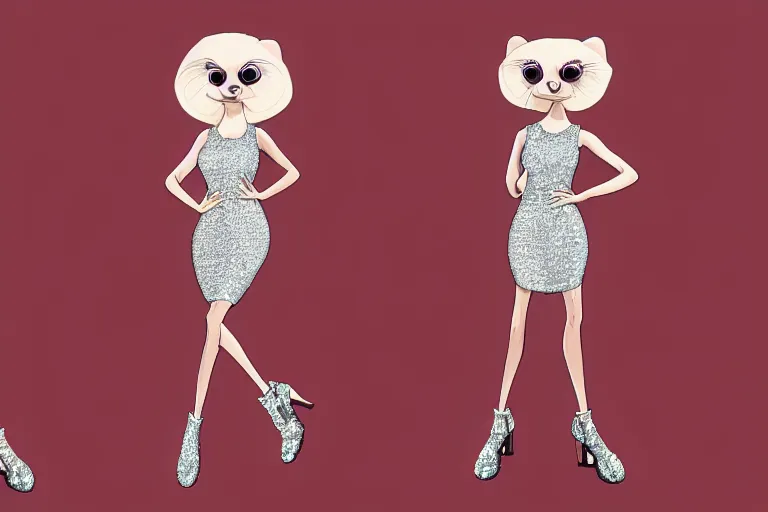 Prompt: detailed illustration flat 2 d : female ferret character : wearing diamonds : wearing silver showgirl sequins dress : head legs shoes : lorax movie : artstation