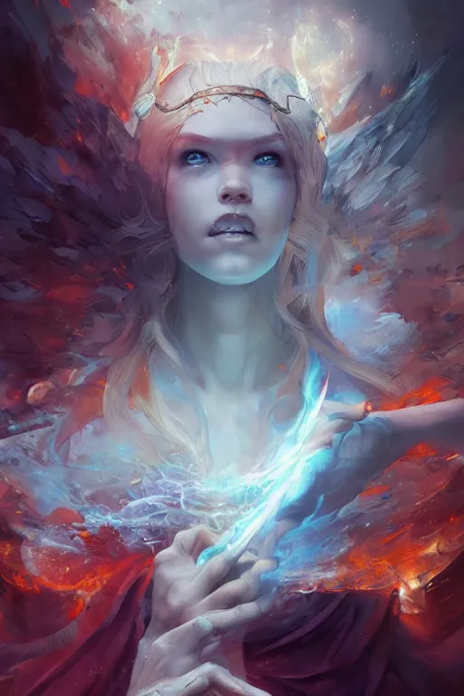 Prompt: beautiful girl sorcerer transforming into fire and ice, casting magic spell, angel, fantasy, magic the gathering, hyper detailed, 3 d render, hyper realistic detailed portrait, peter mohrbacher, wlop, ruan jia, luis royo