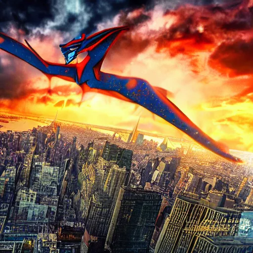 Prompt: charizard flying above new york, realistic extremely detailed photo style painting, granular detail, holographic krypton ion, octane render, 4 k, f 3 2, 5 5 mm photography, wide angle