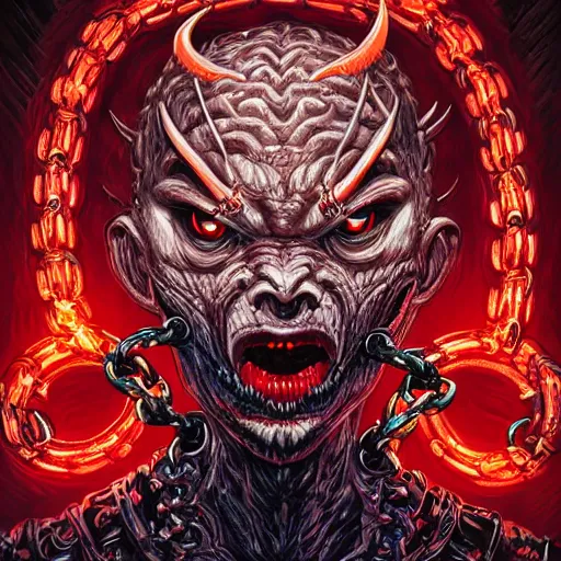 Image similar to demon, satan, red eyes, chain, handcuffs, large chain, wide open wife mouth, scream, cruelty, light effect, hyper detailed, intricate, elegant, highly detailed, digital painting, artstation, concept art, matte, sharp focus, illustration, by dan mumford, yusuke murata, makoto shinkai, ross tran