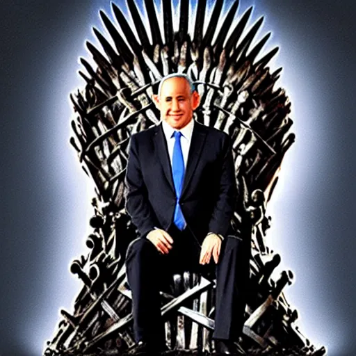 Image similar to “Benjamin Netanyahu sitting on the iron throne, 4k, award winning, realistic, scene from game of thrones”