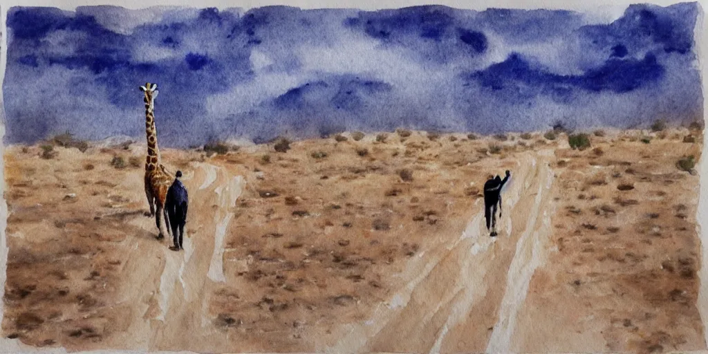 Prompt: Joe Biden in a giraffe suit , walking in the desert watercolor painting