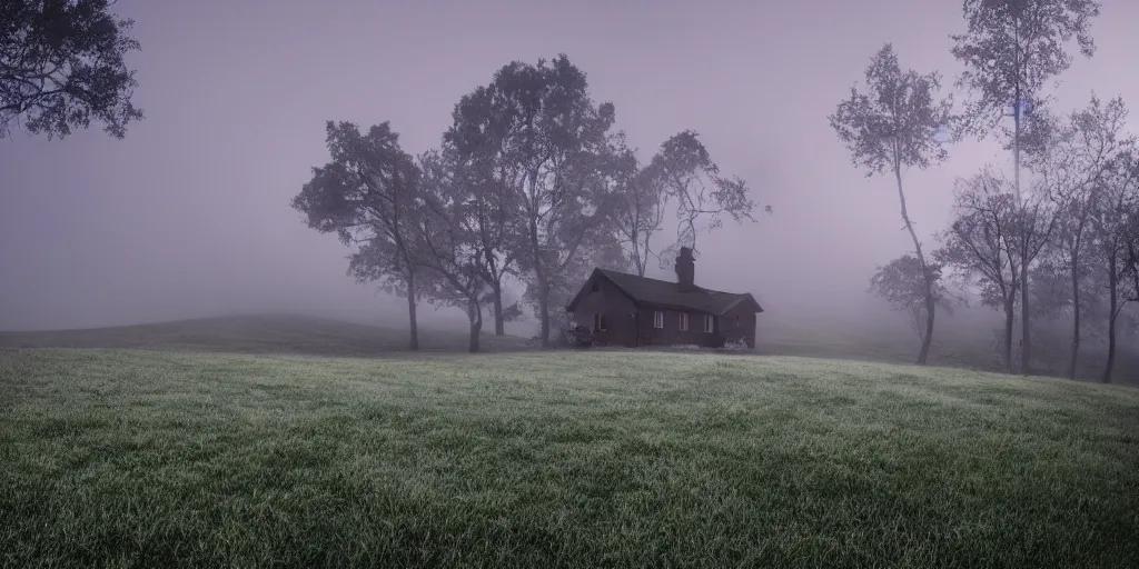 Image similar to house on a hill, beautiful, dawn, foggy area, black fog, photorealistic, panoramic shot, 4 k