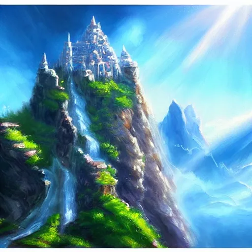 Prompt: a beautiful painting of a crystal castle set on top of a cliff, sun shining light rays thorugh the clouds, by hachiimon, trending on artstation. blue color scheme
