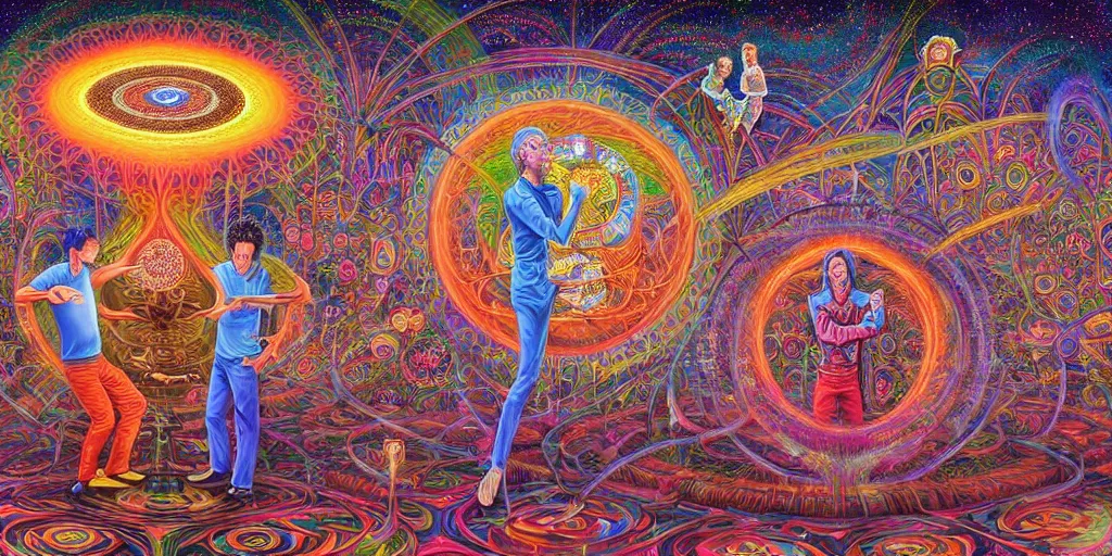 Image similar to hyper detailed portrait of a dmt time elf interacting with a psychedelic traveler, dmt portrait of benevolent time elves sharing their soul frequency, cathedral background, masterpiece composition, 8 k resolution, ultra fine illustration, alex grey, todd schorr, casey weldon, tokio aoyama, highly detailed,