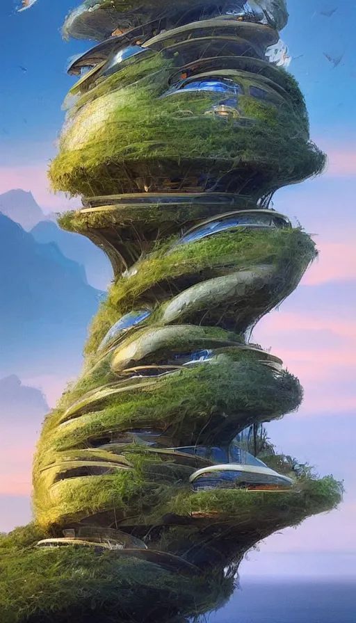 Image similar to beautiful portrait of bamboo living pods shaped like a sea shell built on the side of a cliff, the time machine, space craft by john berkey, panoramic view, ssci - fi, futuristic valley, rendered in octane, zbrush, rendered in cinema 4 d, art by artgerm, artwork by alex grey and brian froud and esao andrews and david hardy