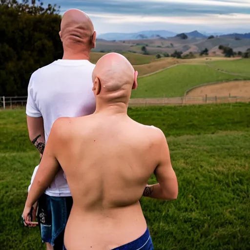 Image similar to portrait of a bald white male tattoos and his white female wife with tattoos. male is wearing a white t - shirt, tan shorts, white long socks. female is has long brown hair and a lot of tattoos. photo taken from behind them overlooking the field with a goat pen. rolling hills in the background of california and a partly cloudy sky