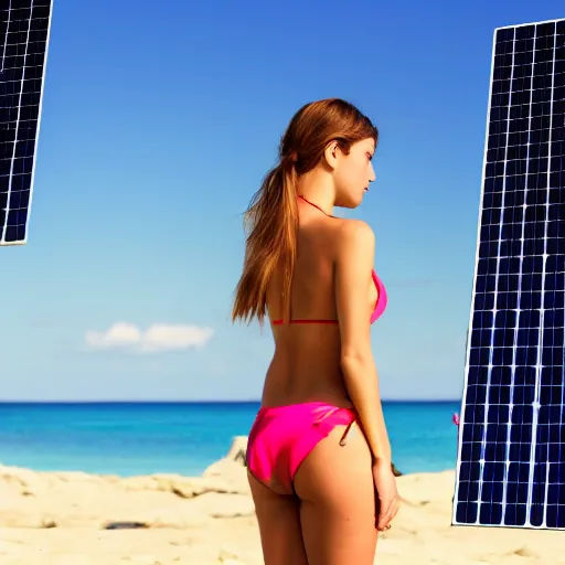Image similar to a young beautiful woman woman in a bikini looking at a solar panel array, cinematic lighting, powerful