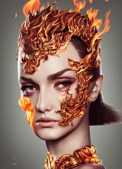 Image similar to 3d fashion portrait with fire, female, future, torch, flame, harper's bazaar, vogue, fashion magazine, intricate, concept art, close up, ornate, luxury, elite, elegant, trending on artstation, by ruan jia, by Kenneth Willardt, by ross tran, by WLOP, by Andrei Riabovitchev,