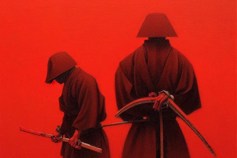 Image similar to only with red, a red samurai harakiri, tokio, a lot of frogs watch, in the style of beksinski, parts by edward hopper, parts by rodcenko, parts by yue minjun, intricate and epic composition, red by caravaggio, insanely quality, highly detailed, masterpiece, red light, artstation, 4 k