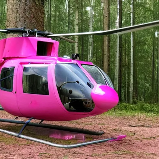 Prompt: a pink helicopter that is landed on a helipad in the middle of the forest, post-apocalyptic setting,