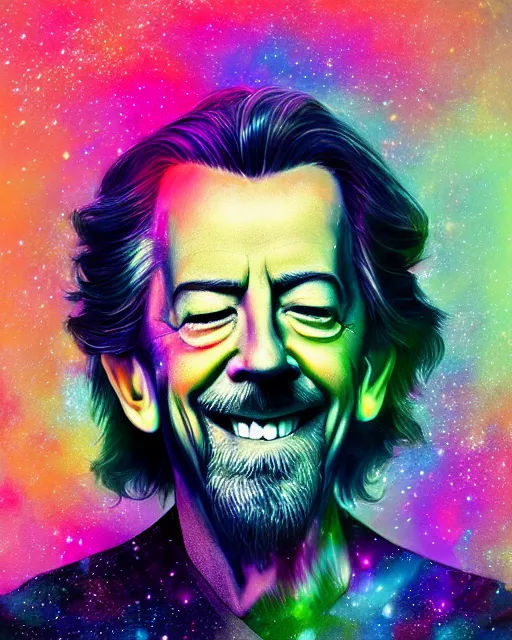 Prompt: alan watts grinning meditating in colorful galaxy universe realistic dramatic lighting stylized portrait painting highly detailed procreate, 3d render senior artist, photorealistic, textured, featured on artstation