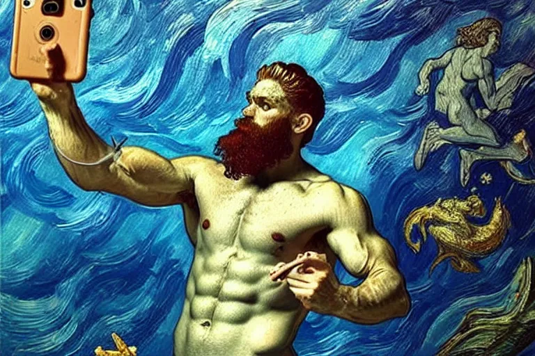 Image similar to hyperrealistic oil painting of greek god poseidon taking a selfie of himself underwater holding a go pro look king confused holding his trident, highly detailed and intricate by vincent vang gogh and billy butcher