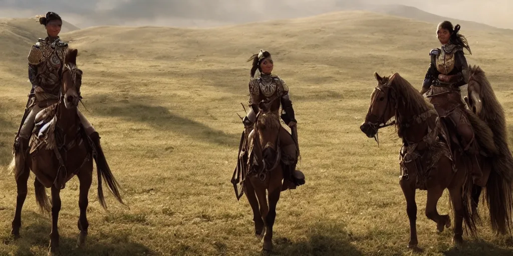 Prompt: Scythian warrior woman on horseback in steppes, still from a movie, cinematic, 4K