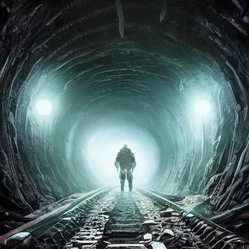 Image similar to tunnel full of monsters, epic, hyperrealistic photograph of the edge of time, dim volumetric lighting, 8 k, octane beautifully detailed render, extremely hyper detailed, intricate, epic composition, cinematic lighting, masterpiece, trending on artstation, very very detailed, stunning, hdr, smooth, sharp focus, high resolution, award, winning photo, dslr, 5 0 mm