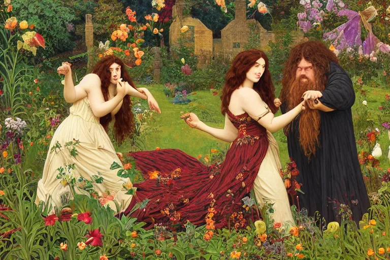 Image similar to hagrid the viking and morticia addams frolicking in a field of various flowers, fairy garden, masterpiece, highly detailed, oil on canvas, art by kilian eng and frederic leighton and rosetti