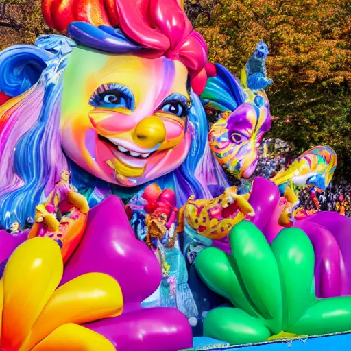 Image similar to photo of giant lisa frank inspired parade float in the macys thanksgiving parade, detailed 4 k photo