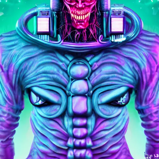 Image similar to a realistic detailed portrait photo of a monster, synthwave