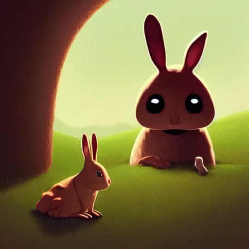 Prompt: Goro Fujita a portrait of an anthropomorphic rabbit entering the burrow, you can see all the passageways, painting by Goro Fujita, ArtStation