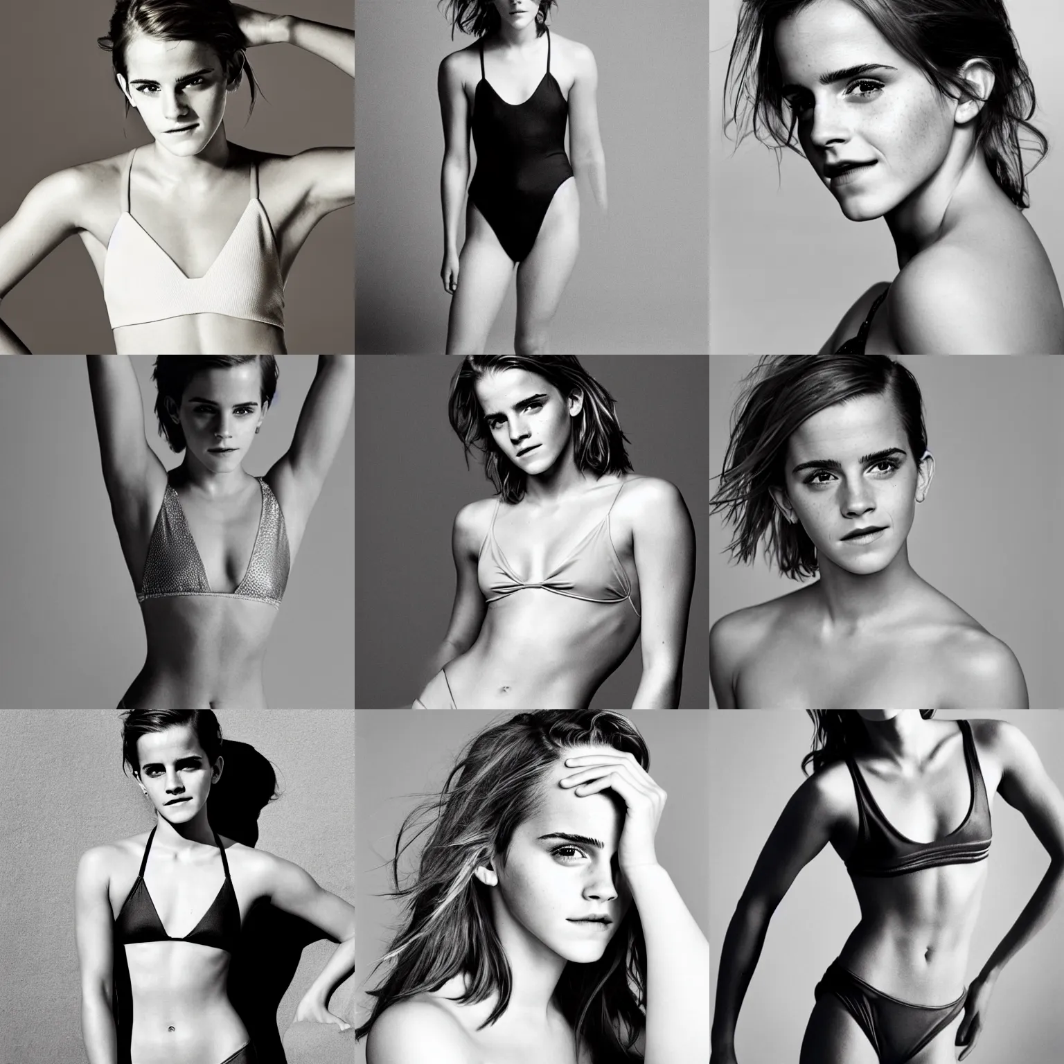 Prompt: Photo of Emma Watson in swimsuit, soft studio lighting, photo taken by Herb Ritts for Abercrombie and Fitch, award-winning photograph, 24mm f/1.4