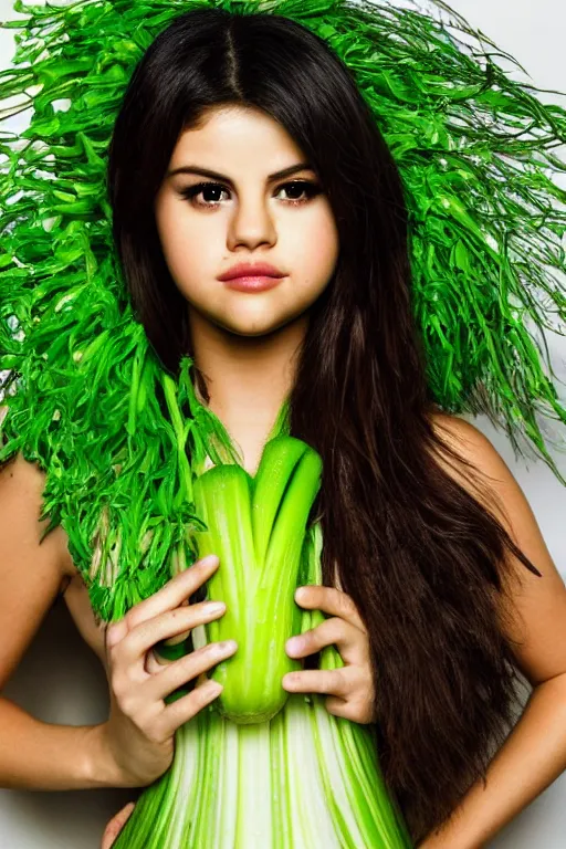 Prompt: selena gomez made out of celery, a human face with celery for hair, a bunch of celery sitting on a cutting board, professional food photography, selena gomez wearing green body paint