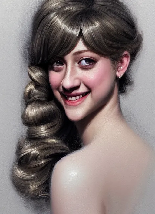 Image similar to portrait of lili reinhart with fluffy bangs, smiling kindly, bangs, 1 9 6 0 s, ponytail, curly bangs and ponytail, rounder face, intricate, elegant, glowing lights, highly detailed, digital painting, artstation, concept art, smooth, sharp focus, illustration, art by wlop, mars ravelo and greg rutkowski