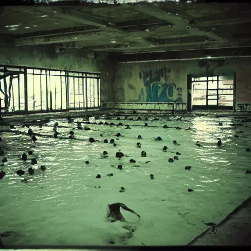 Prompt: a post apocalyptic abandoned indoor swimming filled with zombies, 35mm color film